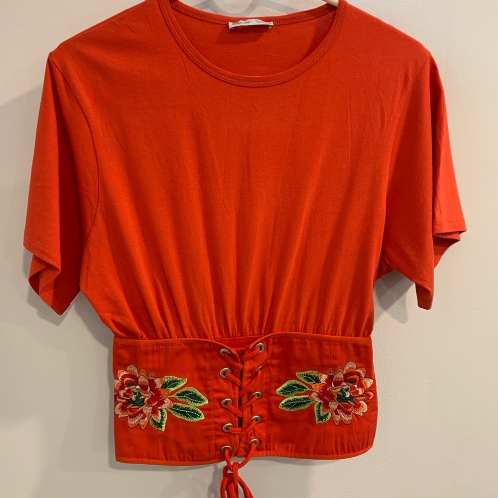 Zara Orange Green Embroidered Crop Tie Front T-Shirt